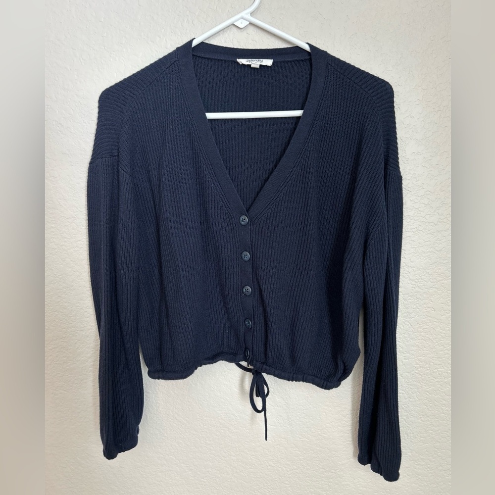 Splendid Collection Bri Cardigan Navy Blue Waffle Knit Drawstring Hem Sz S NWOT - Picture 2 of 4